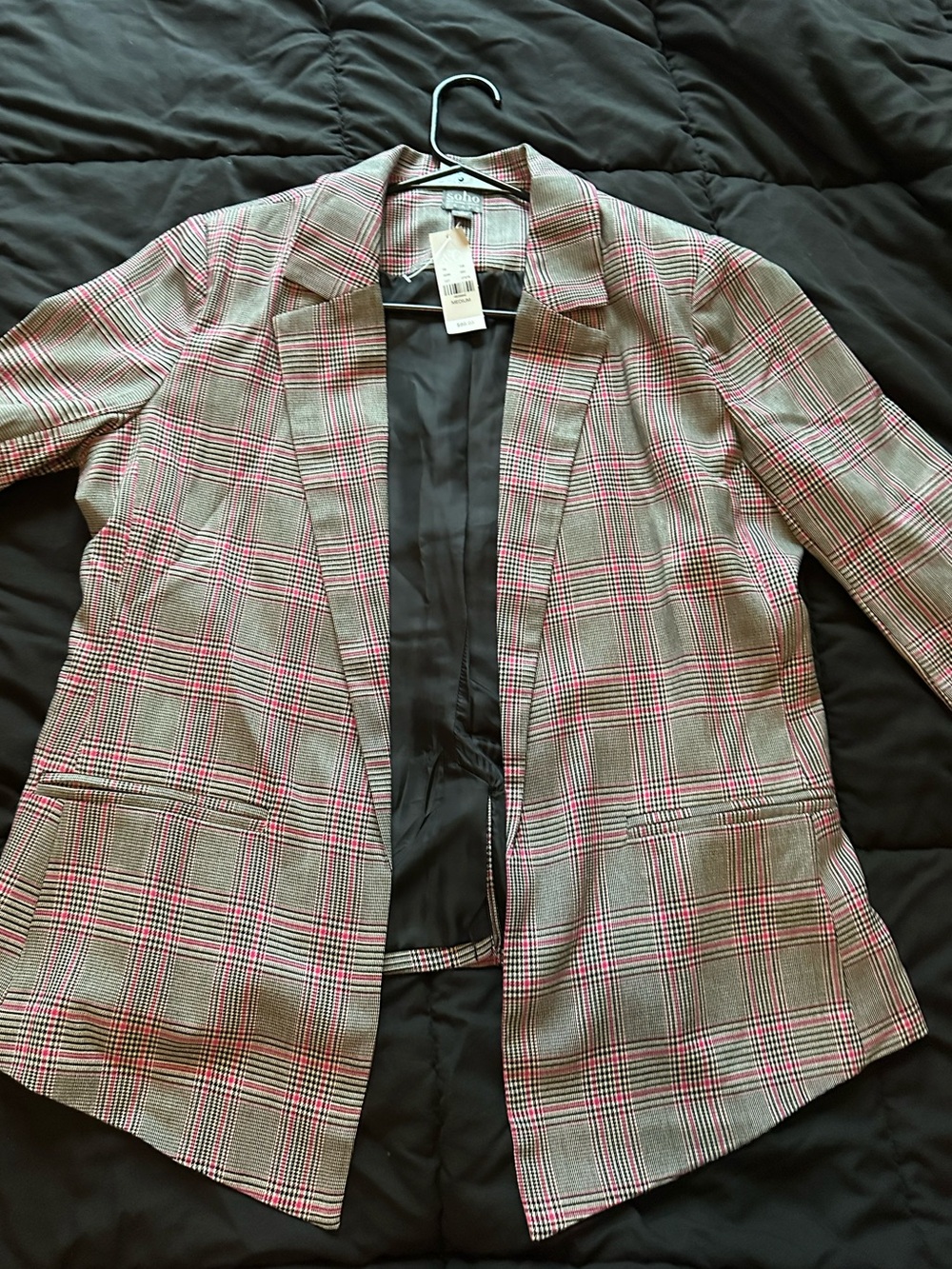 New York & Company Pink and Gray Plaid Open Blazer
